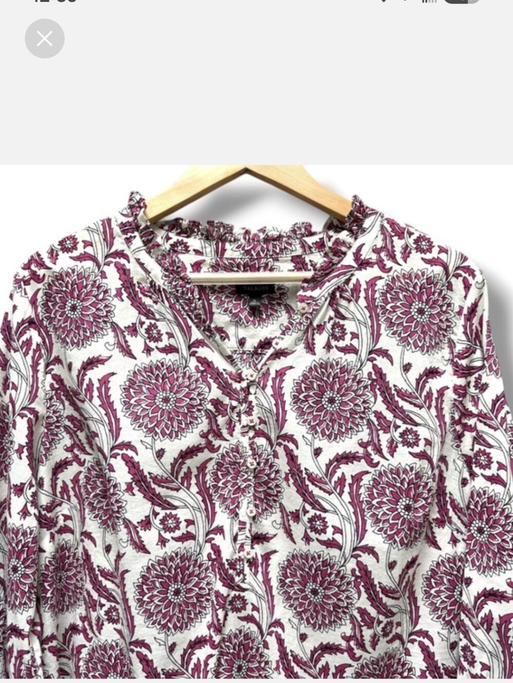 Talbots XL Pink White Dahlia Cotton Ruffle Neck Smocked Cuff Button Front Blouse